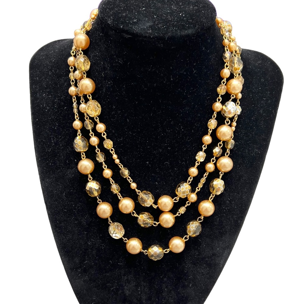 VINTAGE GOLD & CREAM AURORA BOREALIS CRYSTAL & FAUX PEARL NECKLACE